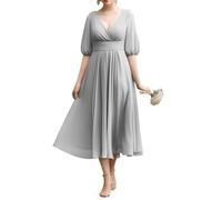 Abito da Damigella d'Onore in Chiffon con Maniche Corte per Donna, con Tasche, Lunghezza Tea, Abiti da Cerimonia per Ospite di Matrimonio, Argento, 50