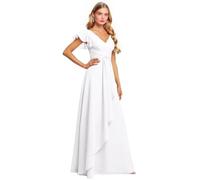 Abito da damigella d'onore in chiffon con scollo a V da donna con maniche a volant lungo scollo a V una linea abito da sposa con tasche, bianco, 48