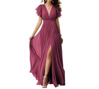 Abito da damigella d'onore in chiffon con scollo a V e maniche svolazzanti in chiffon pieghettato abiti da ballo formale per le donne, Rosa del deserto, 44