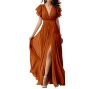 Abito da damigella d'onore in chiffon con scollo a V e maniche svolazzanti in chiffon pieghettato abiti da ballo formale per le donne, Arancione bruciato, 44