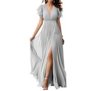 Abito da damigella d'onore in chiffon con scollo a V e maniche svolazzanti in chiffon pieghettato abiti da ballo formale per le donne, Argento, 42