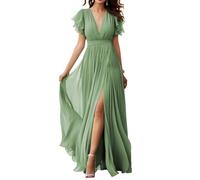 Abito da damigella d'onore in chiffon con scollo a V e maniche svolazzanti in chiffon pieghettato abiti da ballo formale per le donne, Verde salvia, 54