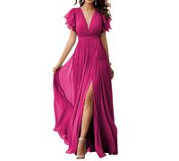 Abito da damigella d'onore in chiffon con scollo a V e maniche svolazzanti in chiffon pieghettato abiti da ballo formale per le donne, Fucsia, 50