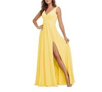 Abito da damigella d'onore in chiffon con scollo a V e spacco lungo una linea senza maniche abito da ballo da sposa formale abito da festa per le donne, Giallo, 44