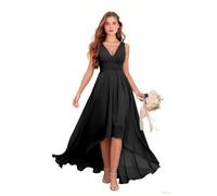 Abito da damigella d'onore in chiffon con scollo a V lungo alto e basso pieghettato abito da sera formale increspato abito da ballo con tasche, Nero , 62 Più