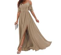 Abito da damigella d'onore in chiffon con spalle scoperte e pieghe a linea spaccata, abito lungo da damigella d'onore per le donne, Tortora, 50