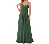 Abito da damigella d'onore in chiffon con spalline sottili Un abito da sera formale lungo, Verde oliva, 52