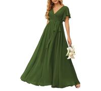 Abito da damigella d'onore in chiffon da donna, con spacco, abito da cocktail lungo, taglie forti, Verde oliva, 38