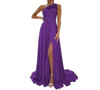 Abito da damigella d'onore in chiffon da donna, con spacco, abito da cocktail plissettato, abito da ballo taglie forti, Viola, 24 Più