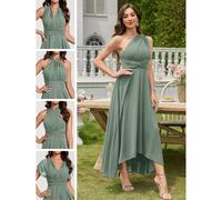 Abito da damigella d'onore in chiffon elegante con un solo spallino, senza maniche, lunghezza midi con orlo asimmetrico e dettaglio con fiocco sulla schiena, grazioso per matrimoni e feste L,M,S,XLCol