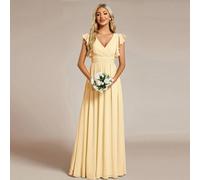 Abito da damigella d'onore in chiffon giallo, maniche corte, scollo a V arricciato, schiena aperta drappeggiata, orlo asimmetrico, adatto per matrimoni, vacanze, abito per la madre della sposa in prim