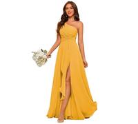Abito da damigella d'onore in chiffon monospalla con fessura, abito lungo in chiffon pieghettato a una linea da ballo per le donne, Giallo, 60