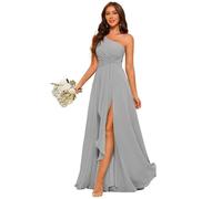 Abito da damigella d'onore in chiffon monospalla con fessura, abito lungo in chiffon pieghettato a una linea da ballo per le donne, grigio, 60