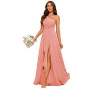 Abito da damigella d'onore in chiffon monospalla con fessura, abito lungo in chiffon pieghettato a una linea da ballo per le donne, rosa, 60
