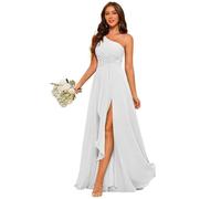 Abito da damigella d'onore in chiffon monospalla con fessura, abito lungo in chiffon pieghettato a una linea da ballo per le donne, bianco, 50