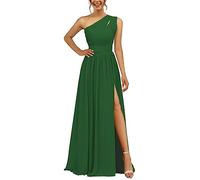 Abito da damigella d'onore in chiffon monospalla con spacco plissettato lungo una linea abito da damigella d'onore per le donne, Verde smeraldo, 44