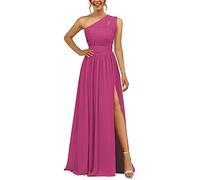 Abito da damigella d'onore in chiffon monospalla con spacco plissettato lungo una linea abito da damigella d'onore per le donne, Fucsia, 50