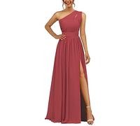 Abito da damigella d'onore in chiffon monospalla con spacco plissettato lungo una linea abito da damigella d'onore per le donne, Rosa del deserto, 50