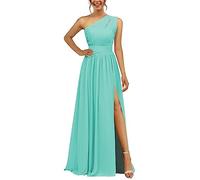 Abito da damigella d'onore in chiffon monospalla con spacco plissettato lungo una linea abito da damigella d'onore per le donne, Turchese, 34