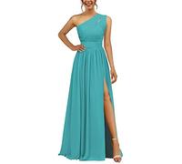 Abito da damigella d'onore in chiffon monospalla con spacco plissettato lungo una linea abito da damigella d'onore per le donne, Blu acqua, 50