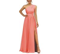 Abito da damigella d'onore in chiffon monospalla con spacco plissettato lungo una linea abito da damigella d'onore per le donne, Corallo, 50