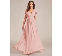 Abito da damigella d'onore in chiffon rosa con scollo a V, design con schiena aperta e drappeggiata, maniche corte, orlo asimmetrico con volant, adatto come abito per invitati a matrimoni, per la madr