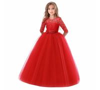 Abito da damigella d'onore in pizzo con maniche a 3/4, per bambine, per la prima comunione, sera, festa, principessa, concorso, compleanno, ballo di fine anno, 3-9 anni