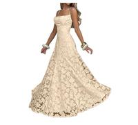 Abito da damigella d'onore in pizzo floreale con spalline sottili, scollo ad A, lungo abito formale per matrimoni, ospiti e balli, Albicocca, S