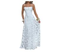 Abito da damigella d'onore in pizzo floreale con spalline sottili, scollo ad A, lungo abito formale per matrimoni, ospiti e balli, bianco, L