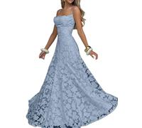 Abito da damigella d'onore in pizzo floreale con spalline sottili, scollo ad A, lungo abito formale per matrimoni, ospiti e balli, Blu, XS
