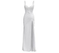 Abito da damigella d'onore in raso da donna per matrimonio con fessura abiti da ballo pieghettati abito da damigella d'onore taglie forti, bianco, 52