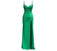 Abito da damigella d'onore in raso da donna per matrimonio con fessura abiti da ballo pieghettati abito da damigella d'onore taglie forti, Verde, 40