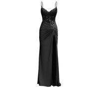 Abito da damigella d'onore in raso da donna per matrimonio con fessura abiti da ballo pieghettati abito da damigella d'onore taglie forti, Nero , 58 Più
