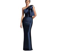 Abito da damigella d'onore in raso, monospalla, lungo, a sirena, con fiocco, adatto per cene formali, blu navy, 44
