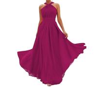 Abito da damigella d'onore lungo all'americana da donna increspato maxi abiti formali eleganti con tasche, Fucsia, 50
