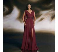 Abito da damigella d'onore lungo con scollo a V, cintura con paillettes e maniche a capo in chiffon fluente, adatto per matrimoni in primavera L,M,S,XL,XSColore unicoChiffon