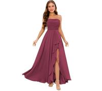 Abito da damigella d'onore lungo senza spalline da donna con spacco sulle spalle in chiffon increspato A-Line formale abito da sposa, Rosa del deserto, 60 Più