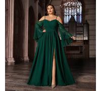 Abito da damigella d'onore maxi in chiffon di design alla moda, taglia grande, elegante vestito da cerimonia da donna con colore unito, arricciatura sul busto, maniche lunghe a campana, spalline a spa