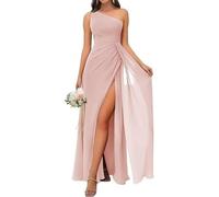 Abito da Damigella d'Onore Monospalla da Donna Chiffon A Pieghe A Vita Alta Abito da Sera con Fessura Lunga Una Linea, Blush Pink, 8