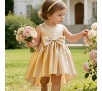 Abito da damigella d'onore per bambine in oro champagne, elegante abito estivo fatto a mano con perline, grande fiocco e strascico, abito da principessa per compleanno, sfilata e festa 6-9M,9-12M,12-1