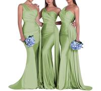 Abito da damigella d'onore sirena per matrimonio da donna lungo senza maniche sexy pieghettato monospalla increspato aderente abito da testimone, Verde salvia, 40