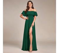 Abito da damigella d'onore verde scuro con spalle scoperte, maniche con volant, spacco laterale e taglio a trapezio, adatto per matrimoni, abito formale da ospite di matrimonio autunnale L,M,S,XL,XS,X