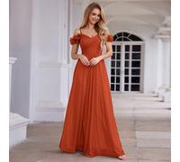 Abito da damigella elegante e scintillante con fiori 3D, spalle scoperte e spalline sottili, colore arancio caramello, adatto per invitati a matrimoni, feste formali e serate eleganti, estate e inizio