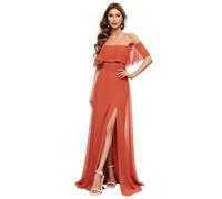 Abito da damigella in chiffon color mandarino con spalle aperte, maniche a volant, spacco laterale e linea ad A, abito elegante da ospite per matrimoni primavera/estate, spiaggia e resort autunnale L,