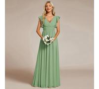 Abito da damigella in chiffon con maniche corte, scollo a V, design plissettato e schiena scoperta, orlo asimmetrico con volant, adatto per matrimoni, occasioni speciali, cene formali, madre della spo