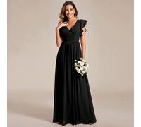 Abito da damigella/madre della sposa in chiffon nero con scollo a V arricciato, maniche corte e design asimmetrico, per matrimonio in primavera e autunno L,M,S,XL,XS,XXLChiffon