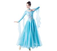 Abito da Danza Standard da Donna, Costume da Competizione alla Moda con Girocollo Abito da Valzer Moderno da Ballo da Sala con Ampia Gonna A Ruota per Esibizioni di Danza,Blu,XXL