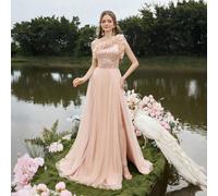 Abito da dea con una spalla, con scollo arricchito da perline e paillettes, dettagli con volant, design con schiena scoperta e cintura annodata, spacco ultra alto e strascico in tulle lungo L,M,S,XL,X