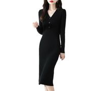 Abito da donna 100% lana maglione con scollo a V bottoni slim maglione lungo spesso caldo elegante abiti lunghi lavorati a maglia, Nero , L
