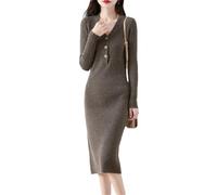 Abito da donna 100% lana maglione con scollo a V bottoni slim maglione lungo spesso caldo elegante abiti lunghi lavorati a maglia, Marrone e grigio., L